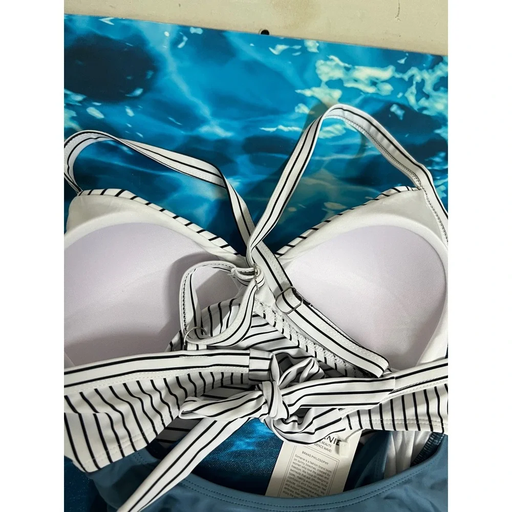 ☀️Eomenie Womens Striped Twist Front Tummy Control One Piece Swimsuit Blue White